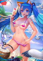 Rule 34 | 1girl, animal ears, areola slip, beach, bikini, bird, blue eyes, blue hair, breasts, cameltoe, cloud, coconut, coconut tree, covered erect nipples, cowboy shot, day, drinking straw, food, fruit, fruit cup, grapes, hand under clothes, hand under swimsuit, hatsune miku, headset, highres, lian yao, long hair, looking at viewer, matching hair/eyes, micro bikini, nail polish, navel, open mouth, outdoors, palm tree, parted lips, pink bikini, popsicle, sky, smile, solo, swimsuit, tan, tanline, tree, twintails, very long hair, vocaloid, wet