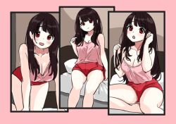 Rule 34 | 1girl, all fours, bed, black hair, blush, breasts, camisole, cleavage, commentary, comodomodo, english commentary, holding own hair, indoors, long hair, multiple views, open mouth, original, pillow, pink camisole, red eyes, red shorts, short shorts, shorts, sitting, smile, thighs