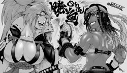 Rule 34 | 3girls, ^ ^, arc system works, arm pouch, armband, back, baiken, bracelet, breasts, chibi, chibi inset, cleavage, closed eyes, commentary, crossover, dark-skinned female, dark skin, darli dagger, dreadlocks, english commentary, eyepatch, facial tattoo, glasses, gloves, greyscale, grin, guilty gear, hand wraps, handshake, headband, highres, japanese clothes, jewelry, kataginu, katana, large breasts, lips, long hair, manly, mole, mole above mouth, monochrome, multiple girls, muscular, muscular female, no bra, nose, one-eyed, pearl bracelet, pltnm ghost, ponytail, rope belt, samurai spirits, sheath, sheathed, smile, snk, strapless, sword, tattoo, translation request, tube top, very dark skin, very long hair, weapon, wu-ruixiang