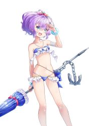 Rule 34 | 1girl, :d, absurdres, anchor, aqua eyes, azur lane, bare shoulders, bracelet, breasts, chain, cleavage, collarbone, commentary request, groin, hair between eyes, hair ornament, hairpin, highres, holding, holding umbrella, javelin (azur lane), javelin (beach picnic!) (azur lane), jewelry, leer.meer, long hair, looking away, midriff, navel, official alternate costume, open mouth, ponytail, purple hair, salute, sidelocks, simple background, smile, solo, transparent background, umbrella