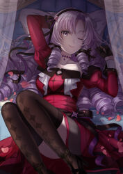Rule 34 | 1girl, absurdres, arm up, curly hair, curtains, gloves, hair ribbon, hairband, highres, hyakumantenbara salome, hyakumantenbara salome (1st costume), juliet sleeves, knees up, long hair, long sleeves, looking at viewer, lying, miniskirt, neck tattoo, nijisanji, nil (pixiv 53614557), on back, on bed, one eye closed, parted bangs, puffy sleeves, purple eyes, purple hair, ribbon, ringlets, skirt, smile, solo, tattoo, thighhighs, virtual youtuber