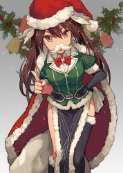 Rule 34 | 10s, 1girl, asymmetrical legwear, bell, black gloves, black socks, blurry, blurry background, bow, bowtie, breasts, brown eyes, brown hair, buttons, cape, christmas, collared shirt, elbow gloves, facial hair, fake facial hair, fake mustache, fingernails, from above, fur-trimmed cape, fur trim, gloves, gradient background, green jacket, grey background, hair between eyes, hair ribbon, hand on own hip, hat, highres, holding, index finger raised, jacket, kantai collection, kneehighs, long hair, looking at viewer, matching hair/eyes, medium breasts, mujun atama, mustache, open mouth, pelvic curtain, pom pom (clothes), puffy short sleeves, puffy sleeves, red bow, red bowtie, red cape, red hat, ribbon, sack, santa hat, shirt, short sleeves, single elbow glove, single glove, snowing, socks, solo, standing, tone (kancolle), tone kai ni (kancolle), twintails, uneven legwear, white shirt