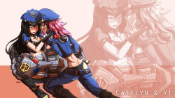 Rule 34 | 2girls, ass, belt, black bra, black hair, blush, bra, breasts, butt crack, caitlyn (league of legends), cleavage, closed eyes, frown, grin, highres, large breasts, league of legends, midriff, multiple girls, nose blush, officer caitlyn, officer vi, parted lips, pink hair, police, police uniform, sexually suggestive, smile, sollyz, spread legs, studded belt, teeth, underwear, uniform, vi (league of legends), wince, yuri, zoom layer