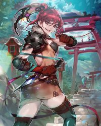 Rule 34 | 1girl, armor, ass, belt, breasts, elbow gloves, fang, fufuhol, fur trim, gloves, highres, holding, holding knife, knife, long hair, looking back, open mouth, outdoors, petals, plant, ponytail, red eyes, red gloves, red hair, rope, shide, shimenawa, shoulder armor, solo, stairs, tenkuu no crystalia, torii