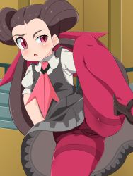 Rule 34 | 1girl, blush, brown hair, cameltoe, cleft of venus, collared shirt, commentary, creatures (company), dress, game freak, grey dress, gusset, gym leader, highres, leg lift, long hair, mary janes, nintendo, open mouth, panties, panties under pantyhose, pantyhose, pink pantyhose, plar0846, pokemon, pokemon oras, red eyes, roxanne (pokemon), school uniform, shirt, shoes, solo, thighband pantyhose, thighs, twintails, underwear, upskirt, white shirt