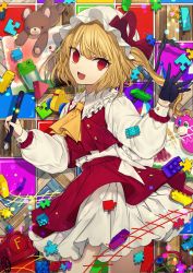 Rule 34 | 1girl, :d, absurdres, ascot, bad id, bad twitter id, black gloves, blonde hair, bow, center frills, commentary request, cowboy shot, crystal, daimaou ruaeru, fang, flandre scarlet, frilled shirt collar, frills, gloves, hand up, hat, hat bow, highres, holding, holding pen, lego, light particles, long hair, long sleeves, looking at viewer, mob cap, nail polish, one side up, open mouth, pen, petticoat, puffy sleeves, puzzle piece, red bow, red eyes, red nails, red skirt, shirt, single glove, skirt, skirt set, smile, solo, standing, stuffed animal, stuffed toy, teddy bear, thighs, touhou, toy train, white hat, white shirt, wings, yellow ascot