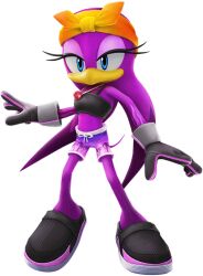 Rule 34 | 1girl, 3d, alternate costume, beak, blue eyes, female focus, full body, furry, furry female, gloves, headband, jewelry, long hair, looking at viewer, midriff, necklace, official art, purple hair, solo, sonic (series), swimsuit, tail, wave the swallow