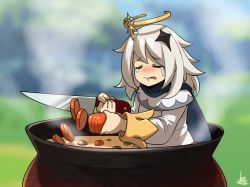 Rule 34 | 1girl, carrot, closed eyes, cooking, crying, dress, emergency food, food, genshin impact, hair between eyes, hair ornament, halo, jmg, knife, long sleeves, open mouth, paimon (genshin impact), pot, scarf, solo, soup, steam, white dress, white hair