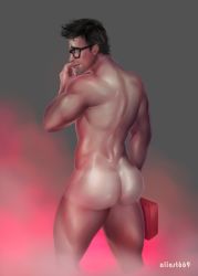 Rule 34 | 1boy, absurdres, aliast669, artist name, ass, back, bara, black hair, dead by daylight, dwight fairfield, facial hair, first aid kit, glasses, highres, holding, looking back, male focus, muscular, muscular male, nude, parted lips, short hair, solo, thick thighs, thighs