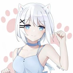 Rule 34 | 1girl, absurdres, animal ears, bare arms, blue bow, blue choker, blue eyes, blue shirt, bow, cat ears, cat girl, choker, closed mouth, collarbone, h2so4-c, hair between eyes, highres, kemonomimi mode, looking at viewer, outline, paw print, paw print background, shirt, short hair, siesta (tantei wa mou shindeiru), sleeveless, sleeveless shirt, smile, solo, spaghetti strap, tantei wa mou shindeiru, upper body, white background, white hair