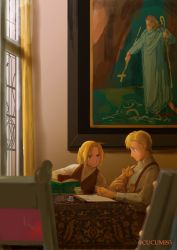 Rule 34 | 2boys, alphonse heiderich, blonde hair, blue eyes, blurry, book, cat, chair, commentary request, conqueror of shambala, cross, day, depth of field, edward elric, fullmetal alchemist, gloves, happy, height difference, highres, indoors, looking at another, male focus, multiple boys, painting (object), paper, ponytail, profile, shadow, shirt, short hair, sitting, smile, staff, suspenders, table, twitter username, urikurage, waistcoat, white shirt, window, yellow eyes