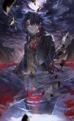 1boy bandaged_hand bandages black_coat black_gloves black_ribbon black_sky blade_(honkai:_star_rail) blood blood_from_mouth bloody_bandages blue_hair cloud cloudy_sky coat commentary_request dark_blue_hair earrings flower gloves gradient_hair hair_over_one_eye hand_up hands_up highres holding holding_sword holding_weapon honkai:_star_rail honkai_(series) jewelry lake long_hair long_sleeves looking_at_viewer male_focus mandarin_collar moon mountain multicolored_hair night night_sky outdoors petals purple_hair red_eyes red_flower reflection ribbon single_earring sky solo spider_lily standing sword tassel teeth water weapon zaso