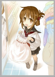 Rule 34 | 10s, 1girl, brown eyes, brown hair, dress, folded ponytail, inazuma (kancolle), kantai collection, loafers, long hair, mirror, naruse chisato, neckerchief, open mouth, personification, reflection, school uniform, serafuku, shoes, skirt, smile, solo, white dress