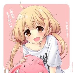 Rule 34 | 10s, 1girl, :d, blush, brown eyes, clothes writing, futaba anzu, idolmaster, idolmaster cinderella girls, long hair, looking at viewer, lowres, off shoulder, open mouth, pink background, shirt, short sleeves, smile, solo, stuffed animal, stuffed rabbit, stuffed toy, t-shirt, translation request, twintails, uzu hi
