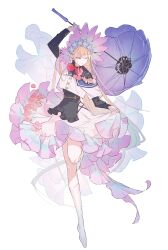 Rule 34 | 1girl, arm up, bare legs, blonde hair, blue flower, bow, bowtie, clothes lift, commentary request, cropped shirt, ebira, en pointe, flower, full body, hair flower, hair ornament, half-closed eyes, headpiece, highres, holding, holding umbrella, kneehighs, long hair, no shoes, original, parasol, pink flower, purple skirt, red bow, red bowtie, red eyes, shirt, simple background, skirt, skirt lift, socks, solo, umbrella, very long hair, white background, white shirt, white socks
