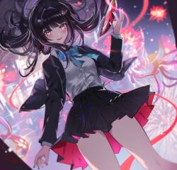 Rule 34 | 1girl, alternate costume, alternate hairstyle, black hair, black jacket, black skirt, blue bow, blue bowtie, bow, bowtie, butterfly-shaped pupils, collared shirt, dutch angle, fingernails, fireworks, fractalmagnolia, hand up, highres, holding, holding mask, honkai: star rail, honkai (series), jacket, long hair, looking at viewer, mask, mole, mole under each eye, mole under eye, multiple moles, nail polish, open clothes, open jacket, open mouth, pink eyes, pink nails, pleated skirt, shirt, skirt, smile, solo, sparkle (honkai: star rail), symbol-shaped pupils, thighs, white shirt