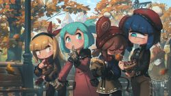 Rule 34 | 4girls, :t, absurdres, ahoge, aqua eyes, aqua hair, autumn, bench, beret, blonde hair, blue hair, blunt bangs, brown hair, capelet, closed eyes, coat, commentary, crepe, cyclops, day, eating, english commentary, finger to mouth, food, gloves, hat, hat with ears, highres, lamppost, leaf, long hair, long sleeves, mouse girl, mouse tail, multiple girls, oak leaf, one-eyed, open mouth, original, outdoors, pointing, pom pom (clothes), porforever, prank, red coat, relica (porforever), scarf, short hair, shushing, smile, tail, wavy mouth, yellow eyes