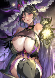 Rule 34 | 1girl, absurdres, animal ears, bare shoulders, black gloves, black thighhighs, blush, breasts, bunnystein fantasy, closed mouth, duplicate, elbow gloves, fake animal ears, full moon, gloves, hair between eyes, highres, holding, holding lantern, huge breasts, lantern, large hat, lipstick, looking at viewer, makeup, mizuki (bunnystein fantasy), mole, mole on breast, mole under mouth, moon, original, outdoors, pixel-perfect duplicate, purple eyes, purple headwear, rabbit ears, red lips, see-through, senri gan, smile, solo, sweat, thick thighs, thighhighs, thighs