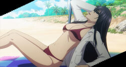 Rule 34 | 1girl, arm support, bikini, black hair, breasts, cleavage, coat, highres, lab coat, large breasts, legs, long hair, magatoki kato, navel, open clothes, open coat, red bikini, smile, solo, stitched, strike the blood, sunglasses, swimsuit, thighs, third-party edit, underboob