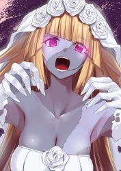 Rule 34 | 1girl, blonde hair, bridal veil, brooklyn (kancolle), colored skin, dress, gloves, highres, ifuji shinsen, kantai collection, official alternate costume, red eyes, torn clothes, veil, white dress, white gloves, zombie