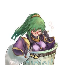 Rule 34 | 1girl, adjusting eyewear, breasts, cup, cup ramen, duel monster, el shaddoll winda, gishihi, glasses, green eyes, green hair, hair tie, highres, in container, in cup, instant fusion, joints, long hair, mechanical hands, one eye closed, ponytail, price tag, signature, single mechanical hand, sleeves past wrists, solo, upper body, white background, wide sleeves, winda (yu-gi-oh!), winda priestess of gusto, yu-gi-oh!