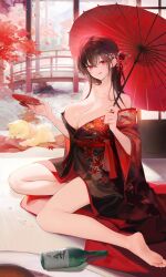 Rule 34 | 1girl, :q, absurdres, architecture, bare legs, barefoot, black hair, black kimono, breasts, cleavage, collarbone, commentary, cup, dog, east asian architecture, hair between eyes, highres, holding, holding cup, japanese clothes, kimono, large breasts, leaf, long hair, long sleeves, looking at viewer, maple leaf, mole, mole on breast, no bra, off shoulder, oil-paper umbrella, original, oyabuli, red eyes, sakazuki, seiza, sitting, symbol-only commentary, tongue, tongue out, umbrella, wide sleeves