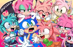 Rule 34 | 1boy, 6+girls, amy rose, artist name, blush, character request, closed eyes, cosplay, fang, furry, furry female, furry male, gloves, hatsune miku, hatsune miku (cosplay), highres, holding, holding microphone, microphone, multiple girls, nimue (sonic the hedgehog), open mouth, rouge the bat, sonic (series), sonic and the black knight, sonic boom (series), sonic cd, sonic the hedgehog, sonic the hedgehog (classic), sonic x, teeth, upper teeth only, watermark, white gloves, wizaria