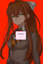 Rule 34 | 1girl, blazer, bow, breasts, brown hair, commentary, doki doki literature club, english text, frown, geministudios296, green eyes, hair bow, jacket, large breasts, long hair, looking at viewer, monika (doki doki literature club), ponytail, red background, school uniform, simple background, solo, white bow, yandere, yandere trance