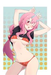 Rule 34 | 1girl, animanghayodraw, annoyed, arms up, artist name, bikini, black shirt, blush, border, breasts, cleft of venus, covered erect nipples, dot nose, embarrassed, eyebrows, eyelashes, female focus, flower print, green background, highres, horns, long hair, looking at viewer, covered erect nipples, one eye closed, oni, open mouth, pink hair, ponytail, print bikini, red bikini, red eyes, shirt, short hair, shuna (tensei shitara slime datta ken), simple background, small breasts, solo, standing, swimsuit, t-shirt, tensei shitara slime datta ken, tsundere, two-tone background, watermark, white border, white horns, yellow background