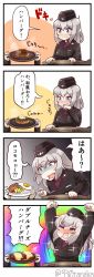 Rule 34 | 10s, 1girl, 4koma, = =, arms up, blue eyes, blush, clenched hands, closed eyes, comic, commentary request, drooling, egg, eyebrows, flying sweatdrops, food, frown, garrison cap, girls und panzer, gradient background, grey background, hair between eyes, hamburger steak, hand on own chin, happy, hat, heart, highres, holding, holding plate, itsumi erika, leaning forward, long hair, long sleeves, looking down, meat, military, military hat, military uniform, motion lines, nose blush, open mouth, plate, rainbow background, red shirt, rice, shaded face, shirt, silver hair, smile, solo focus, sparkle, speech bubble, steam, tanaka kusao, text focus, translation request, twitter username, uniform