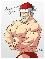 Rule 34 | 1boy, bara, beard, briefs, christmas, cropped legs, english text, facial hair, flexing, flexing pectorals, full beard, hat, highres, large pectorals, looking at viewer, male focus, male underwear, mature male, muscular, muscular male, nipples, original, own hands together, pectorals, red hat, red male underwear, santa claus, santa hat, short hair, side chest pose, smile, solo, thick beard, thick eyebrows, topless male, underwear, zephleit