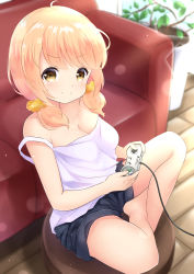 Rule 34 | &gt;:), 1girl, absurdres, ahoge, barefoot, black shorts, blonde hair, blurry, blurry background, blush, breasts, camisole, cleavage, closed mouth, commentary request, controller, couch, crossed legs, depth of field, full body, game controller, hair ornament, hair scrunchie, highres, holding, inahori, indoors, long hair, low twintails, medium breasts, original, plant, potted plant, scrunchie, short shorts, shorts, sitting, smile, solo, strap slip, twintails, v-shaped eyebrows, white camisole, wooden floor, yellow scrunchie