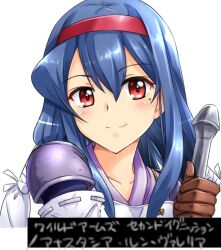 Rule 34 | 1girl, anastasia valeria, blue hair, brown gloves, closed mouth, collarbone, gloves, hair ornament, hairband, long hair, looking at viewer, mole, mole under eye, red eyes, red hairband, san-pon, simple background, smile, solo, twintails, weapon, white background, wild arms, wild arms 2