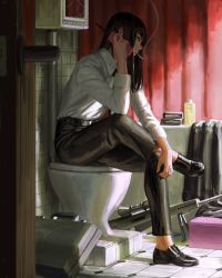 Rule 34 | 1girl, absurdres, anti-materiel rifle, barrett m82, black footwear, black hair, black necktie, black pants, cigarette, closed mouth, collared shirt, commentary, crossed legs, door, earrings, gun, guweiz, hand up, highres, holding, indoors, jewelry, loafers, long hair, long sleeves, looking away, mouth hold, necktie, original, pants, rifle, scope, shirt, shoes, shower curtain, sitting, smoke, smoking, sniper rifle, solo, stud earrings, suitcase, symbol-only commentary, tile floor, tiles, toilet, walkie-talkie, weapon, white shirt