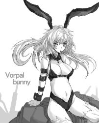 Rule 34 | 1girl, animal ears, arm belt, arm garter, arm support, bikini, bikini top only, breasts, rabbit ears, cleavage, cross, detached collar, female focus, greyscale, kara (color), large breasts, long hair, looking at viewer, monochrome, mouth hold, navel, original, sitting, solo, swimsuit, white background