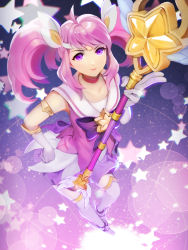 Rule 34 | 1girl, ahoge, alternate costume, armlet, choker, dakun, from above, gloves, gradient background, hair ornament, hand on own hip, highres, league of legends, lux (league of legends), magical girl, over-kneehighs, pink hair, purple eyes, sailor collar, sidelocks, skirt, smile, solo, star (symbol), star guardian (league of legends), star guardian lux, thighhighs, tiara, twintails, wand, white gloves, white thighhighs