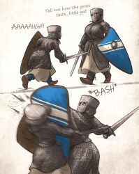 Rule 34 | 2girls, 2koma, arm up, armor, belt, breasts, brown belt, brown eyes, brown hair, chainmail, comic, commentary, english commentary, english text, gloves, helm, helmet, highres, holding, holding shield, holding sword, holding weapon, in the face, ironlily, knight, large breasts, medieval, meme, motion blur, multiple girls, original, running, shield, sword, walking, weapon