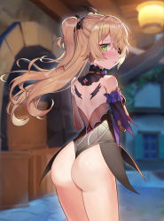 Rule 34 | 1girl, ass, back, bare shoulders, black legwear, blonde hair, breasts, dress, elbow gloves, eyepatch, fischl (genshin impact), from behind, genshin impact, gloves, green eyes, hair ornament, hair over one eye, hair ribbon, highres, long hair, looking at viewer, ohihil, open mouth, ribbon, small breasts, solo, two side up