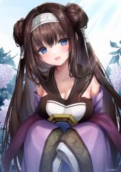 Rule 34 | 1girl, :d, artist name, blue eyes, blush, breasts, brown hair, cleavage, collarbone, commentary, detached sleeves, dot nose, double bun, dress, flower, hair between eyes, hair bun, hair intakes, hairband, head tilt, hi-na1, hydrangea, large breasts, leaning forward, light rays, long hair, long sleeves, looking at viewer, open mouth, purple shawl, purple sleeves, rinne (sennen sensou aigis), sennen sensou aigis, shawl, sleeves past fingers, sleeves past wrists, smile, solo, sunlight, upper body, very long hair, white dress, wide sleeves