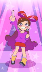Rule 34 | 1girl, blush stickers, bow, braces, brown hair, child, earrings, gravity falls, hair bow, hairband, highres, jewelry, long hair, mabel pines, moyori, off shoulder, pointing, purple eyes, rainbow, short hair, skirt, sleeves past wrists, smile, socks, solo, standing, star (symbol), sweater