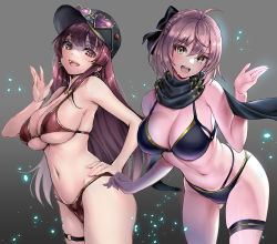Rule 34 | 2girls, bikini, black bikini, black bow, black headwear, black scarf, blonde hair, bow, breasts, cleavage, commentary request, cowboy shot, crossover, earrings, eyewear on head, fate/grand order, fate (series), green eyes, hair bow, hand on own hip, hat, heart, heart-shaped eyewear, hololive, houshou marine, houshou marine (summer), jewelry, large breasts, leaning forward, long hair, looking at viewer, medium hair, multiple girls, navel, o-ring, o-ring thigh strap, okita j. souji (fate), okita j. souji (first ascension) (fate), okita souji (fate), open mouth, red bikini, red eyes, red hair, scarf, suishougensou, sunglasses, swimsuit, thick thighs, thigh strap, thighs, virtual youtuber
