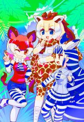 Rule 34 | 3girls, absurdres, animal ears, animal print, blonde hair, blue eyes, blue hair, bow, bowtie, brown eyes, brown hair, chibi, colorful, cutoffs, day, detached sleeves, extra ears, foot up, giraffe ears, giraffe girl, giraffe horns, giraffe print, grin, hand on own chin, hand up, height difference, highres, horns, kemono friends, layered sleeves, long hair, long sleeves, looking at another, medium hair, multicolored hair, multiple girls, necktie, okapi (kemono friends), okapi ears, okapi tail, one eye closed, open mouth, outdoors, outstretched arm, pantyhose, pariparifromage, plains zebra (kemono friends), print pantyhose, print scarf, print sleeves, reticulated giraffe (kemono friends), scarf, shirt, shoes, short over long sleeves, short shorts, short sleeves, shorts, skirt, smile, standing, standing on one leg, striped hair, tail, very long hair, white hair, white shirt, zebra ears, zebra girl, zebra print, zebra tail