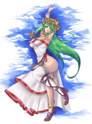 Rule 34 | 1girl, ancient greek clothes, armlet, breasts, calmgreentori, chain, chiton, circlet, cleavage, collarbone, dress, forehead jewel, gold, gold chain, green eyes, green hair, high heels, highres, jewelry, kid icarus, kid icarus uprising, large breasts, long hair, nintendo, palutena, parted bangs, pendant, single thighhigh, strapless, strapless dress, thighhighs, vambraces, very long hair, white dress, white thighhighs