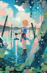 Rule 34 | 1boy, belt, black footwear, blonde hair, blue tunic, blush, boots, brown belt, califlair, closed mouth, cloud, commentary, day, closed eyes, from side, holding, holding sword, holding weapon, lily pad, link, male focus, master sword, navi, nintendo, outdoors, pants, ripples, short hair, short ponytail, sky, smile, standing, sword, the legend of zelda, the legend of zelda: breath of the wild, walking, walking on liquid, water, weapon