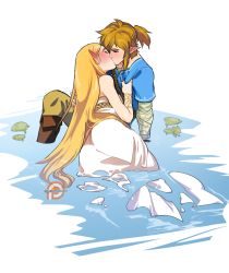 Rule 34 | 1boy, 1girl, ass, blonde hair, blue shirt, blush, boots, bracer, couple, dress, earrings, closed eyes, hair down, hetero, jewelry, kiss, kukumomo, layered sleeves, link, long dress, long hair, long sleeves, nintendo, partially submerged, patreon logo, plant, pointy ears, ponytail, princess zelda, shirt, short over long sleeves, short sleeves, sidelocks, sleeveless, sleeveless dress, the legend of zelda, the legend of zelda: breath of the wild, thick eyebrows, torso grab, very long hair, wading, water, wet, wet clothes, wet dress, white dress
