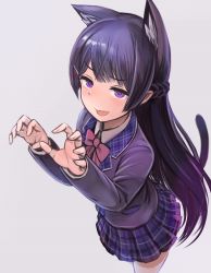 Rule 34 | 1girl, animal ears, blush, bow, bowtie, braid, cat ears, claw pose, enumiyaa, highres, jacket, long sleeves, looking at viewer, nijisanji, open mouth, purple eyes, simple background, skirt, tail, thighs, tsukino mito, tsukino mito (1st costume), virtual youtuber