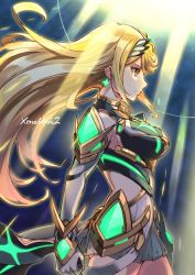 Rule 34 | 1girl, arm at side, armor, blonde hair, breasts, brown eyes, clenched hand, closed mouth, cowboy shot, dress, earrings, elf, faulds, floating hair, from side, gem, glowing, glowing earrings, headpiece, highres, jewelry, large breasts, light rays, long hair, looking afar, midriff, mythra (xenoblade), nintendo, pointy ears, profile, serious, short dress, shoulder armor, solo, standing, sunbeam, sunlight, tonami kanji, underbust, very long hair, white dress, wrist guards, xenoblade chronicles (series), xenoblade chronicles 2