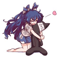 Rule 34 | 1girl, :d, ^ ^, barefoot, blue hair, bow, closed eyes, commentary request, closed eyes, hair bow, heart, hood, hood down, hoodie, hug, hug from behind, isu (is88), long hair, open mouth, short sleeves, skirt, smile, stuffed animal, stuffed cat, stuffed toy, touhou, yorigami shion