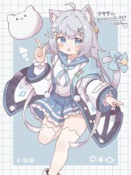 Rule 34 | 1girl, :o, absurdres, ahoge, an meng meng (vtuber), animal ear fluff, animal ears, blue eyes, blush, bow, breasts, cat ears, cat girl, colon br, commentary request, commission, detached sleeves, ear piercing, eyebrows hidden by hair, grey hair, hair bow, hair ornament, hairclip, hand up, highres, indie virtual youtuber, jacket, long hair, long sleeves, looking at viewer, open clothes, open jacket, open mouth, piercing, plaid, plaid background, pleated skirt, sailor collar, school uniform, serafuku, shirt, skeb commission, skirt, small breasts, solo, star (symbol), star print, tail, tail ornament, tail raised, thighhighs, very long hair, virtual youtuber, white footwear, white shirt, wide sleeves, x hair ornament