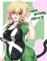 Rule 34 | 1girl, akatsuki kirika, blonde hair, blush, breasts, dated, green eyes, green hoodie, hair ornament, happy birthday, highres, hood, hoodie, large breasts, looking at viewer, open clothes, open hoodie, open mouth, senki zesshou symphogear, seshiro (which501), shiny skin, short hair, smile, solo, v, v over eye, x hair ornament
